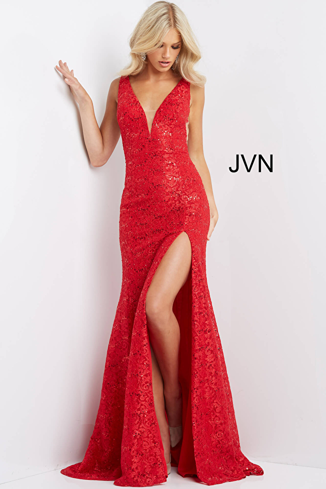 JVN08512 Red Lace High Slit Sheath Prom Dress
